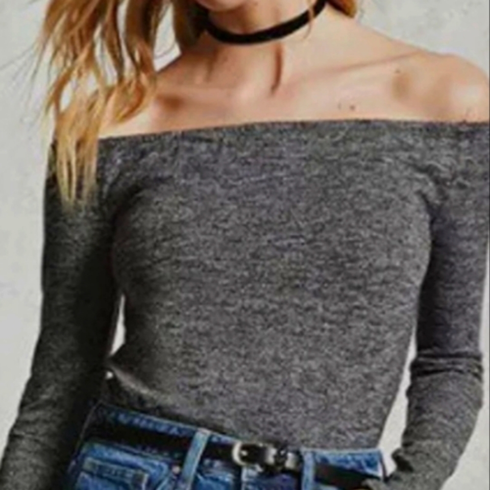 F21 Off-Shoulder Heathered charcoal Long Sleeve Top